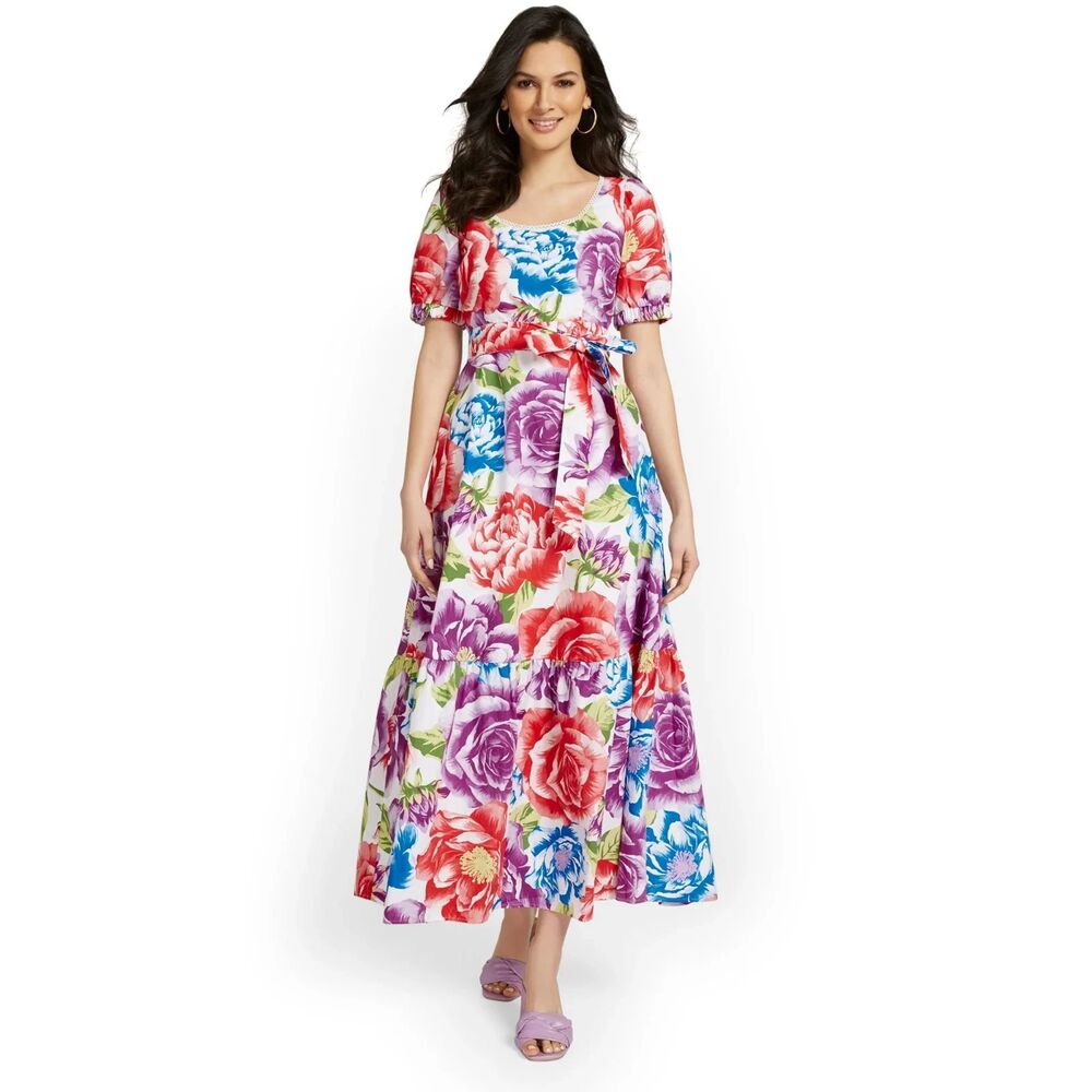 New York & Company Floral Print Puff Sleeve Maxi Dress Women's Size Medium